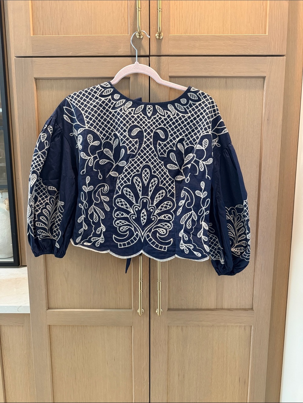 Embroidered Navy Peasant Blouse with Balloon Sleeves